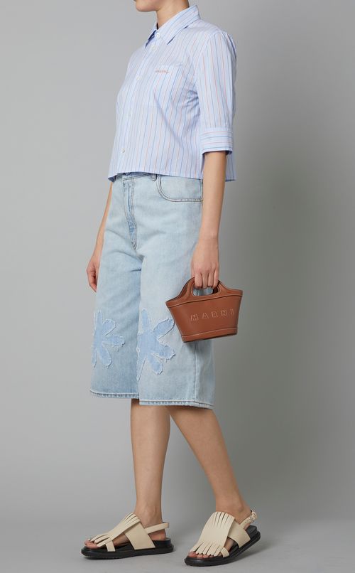 コットンストライプクロップド半袖シャツ