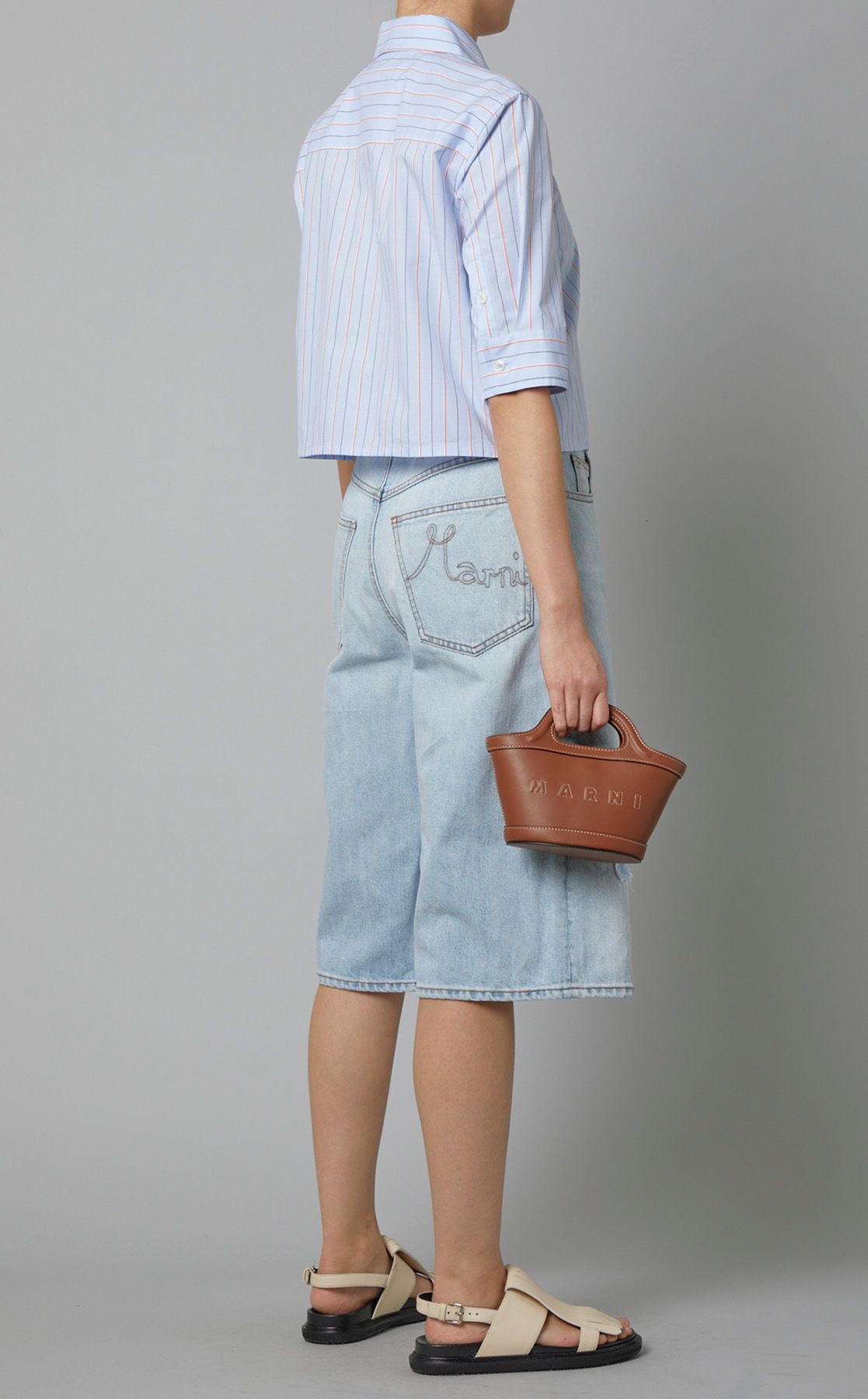 MARNI コットンストライプクロップド半袖シャツ