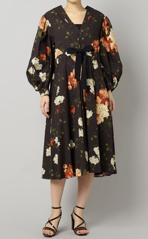 フラワープリントウエストリボンワンピース