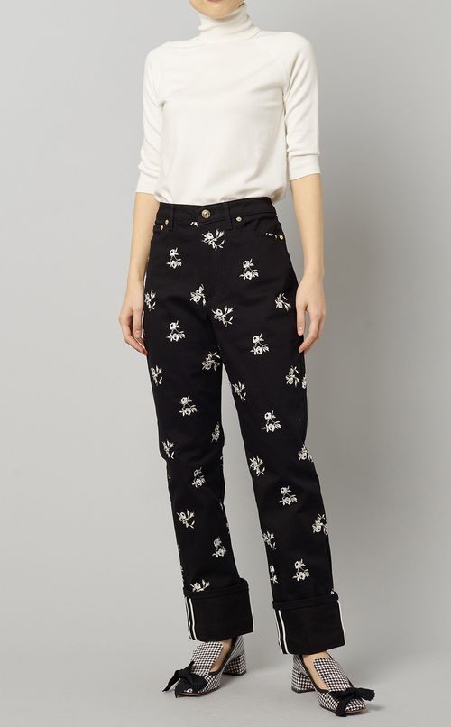 フラワー刺繍ストレートデニムパンツ