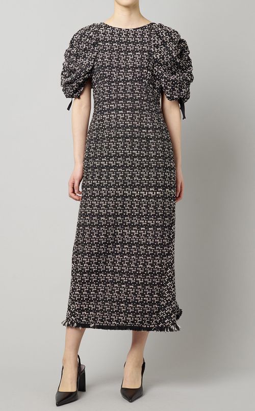 シャーリングスリーブツイードドレス