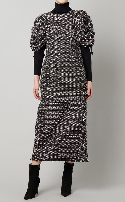 シャーリングスリーブツイードドレス