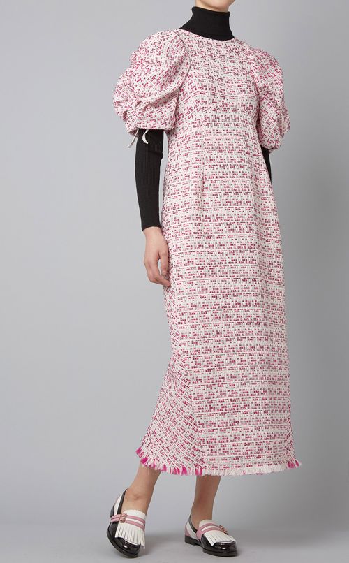 シャーリングスリーブツイードドレス