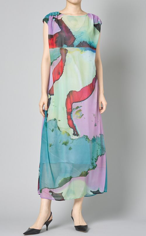 ラウンドネックプリントシアーワンピース