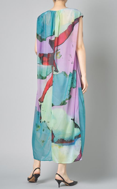 ラウンドネックプリントシアーワンピース