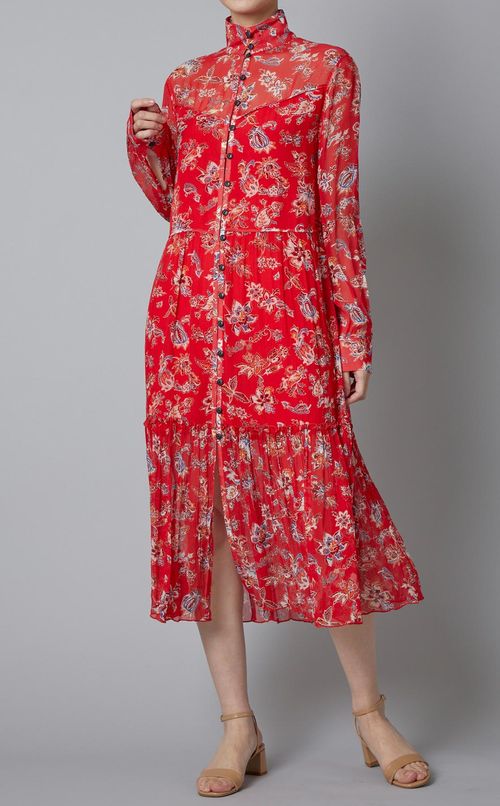 フラワープリントスタンドカラーワンピース