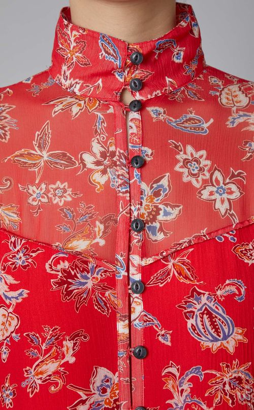 フラワープリントスタンドカラーワンピース