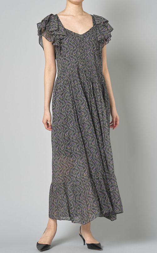 プリントコットンペプラムロングワンピース