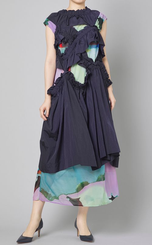 ラウンドネックプリントシアーワンピース