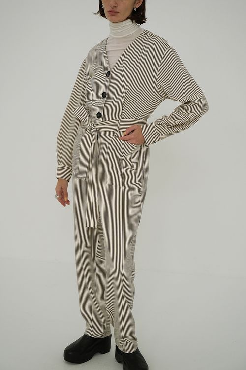 ストライプビッグボタンオールインワン