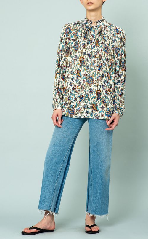 ボウタイプリントブラウス