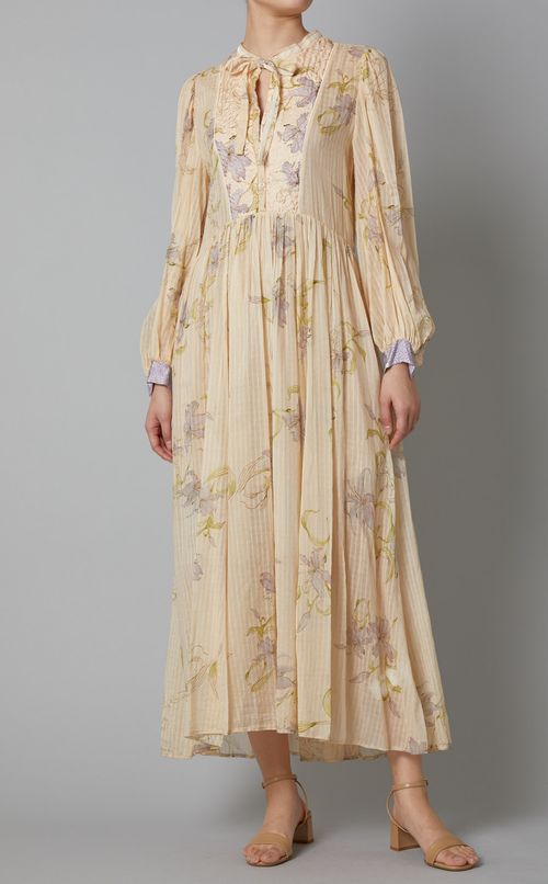 フラワープリントタイネックロングドレス