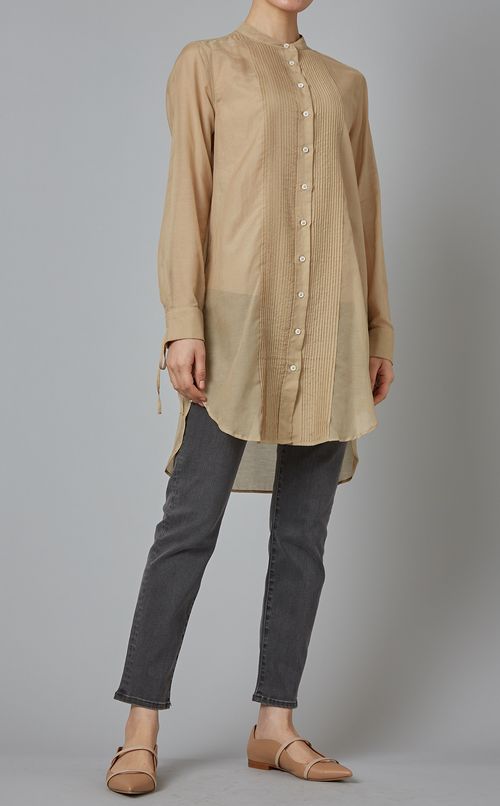 シルク混フロントタックシャツ