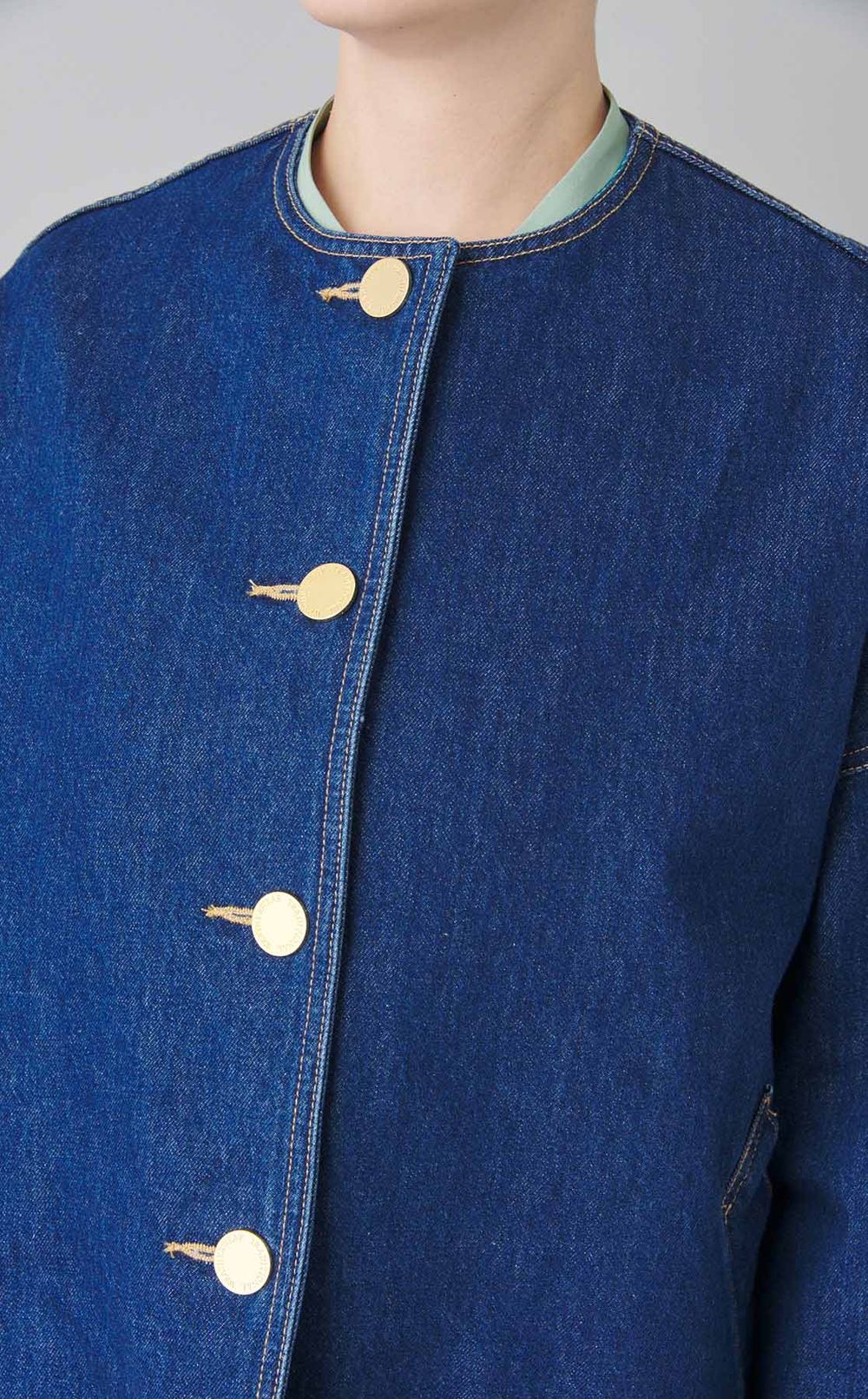 ノーカラーデニムミディコート