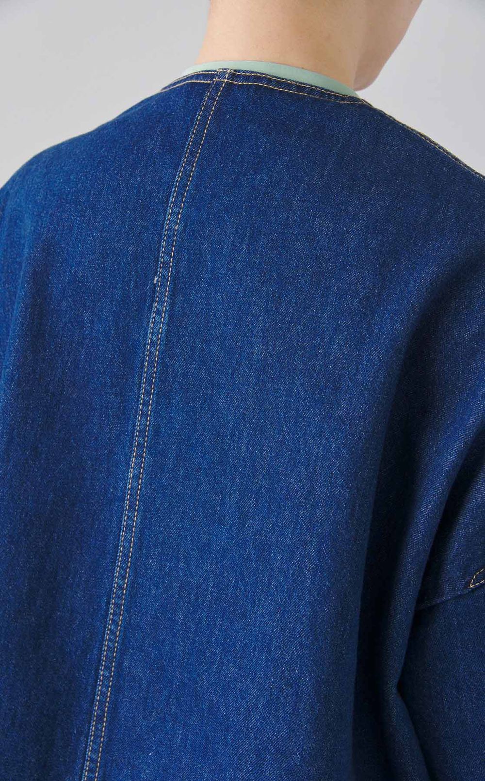 ノーカラーデニムミディコート