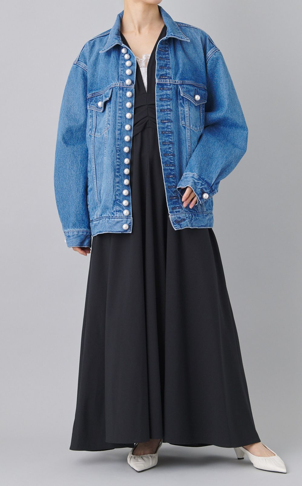 オーバーサイズパールボタンデニムブルゾン