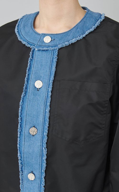 デニム切替ナイロンノーカラーブルゾン