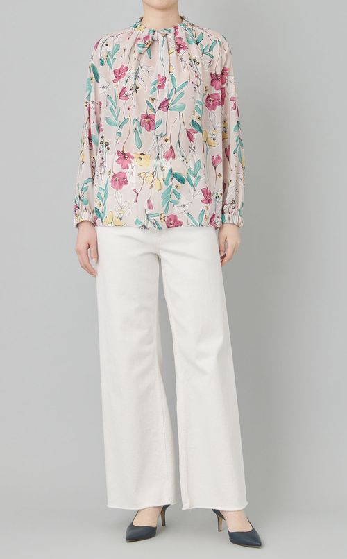 フラワープリントボウタイギャザーブラウス