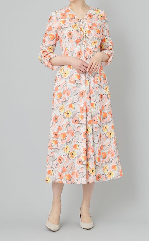 フラワープリントギャザーワンピース