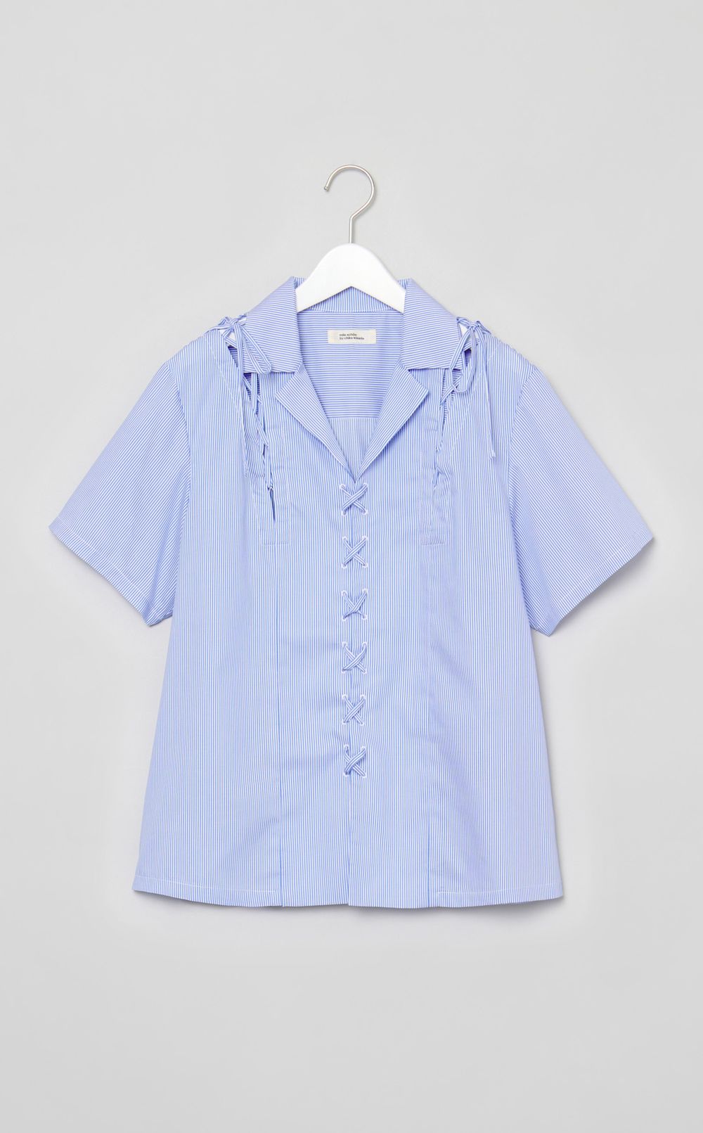 コットンレースアップストライプシャツ
