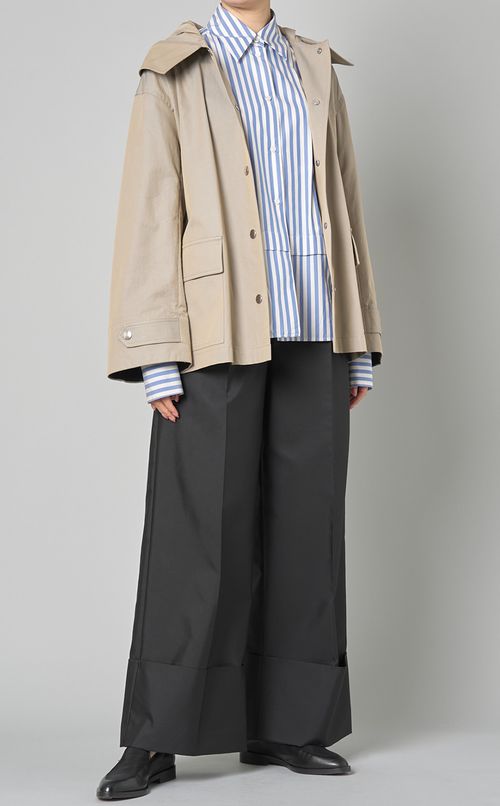 コットンス卜ライプベルテッドシャツ