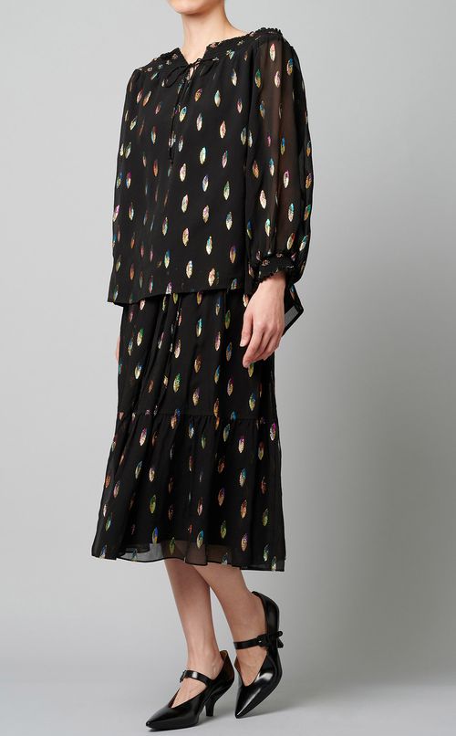 フェザーモチーフギャザーネックブラウス