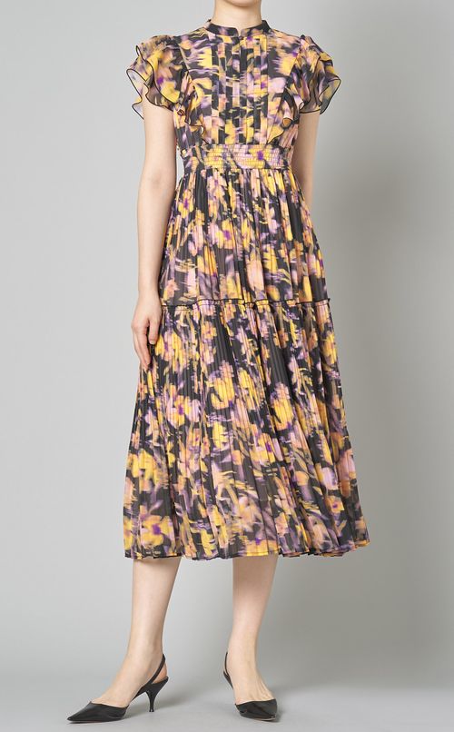 フラワープリントフリルスリーブドレス