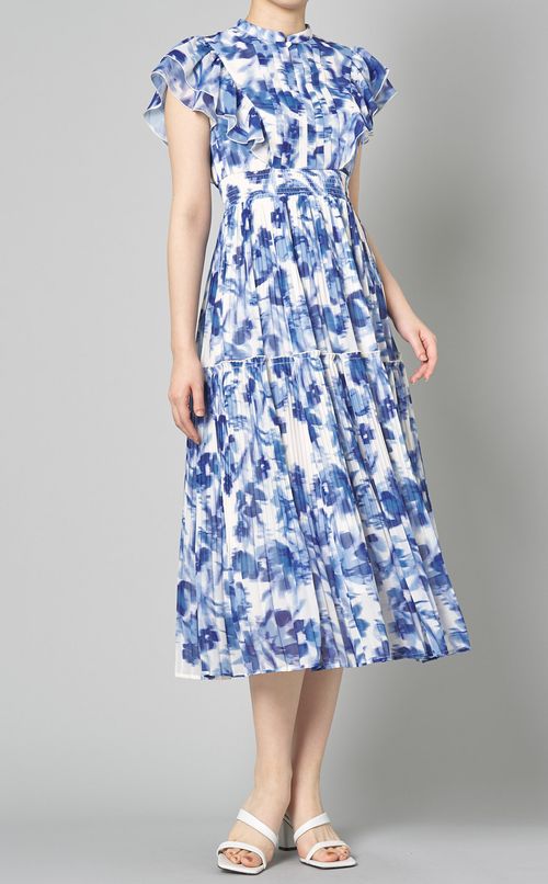 フラワープリントフリルスリーブドレス