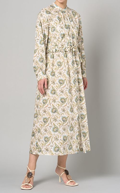 コットンプリントウエストギャザードレス