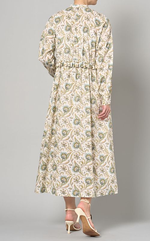 コットンプリントウエストギャザードレス