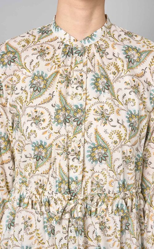 コットンプリントウエストギャザードレス