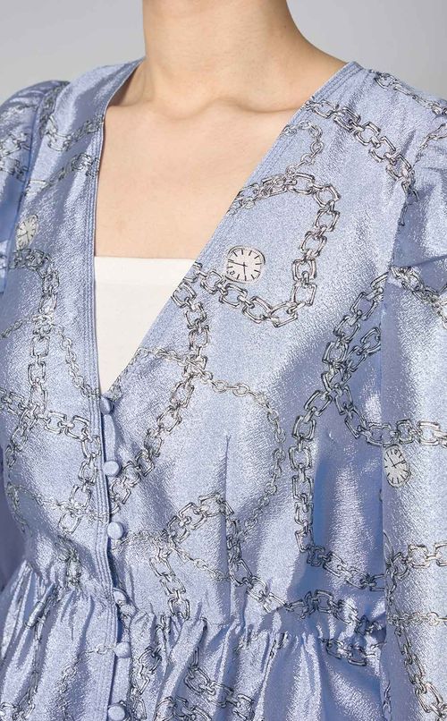 プリントVネックパフスリーブブラウス