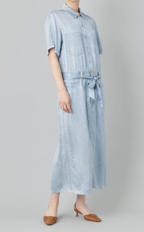 デニムプリン卜ベルテッドシャツワンピース