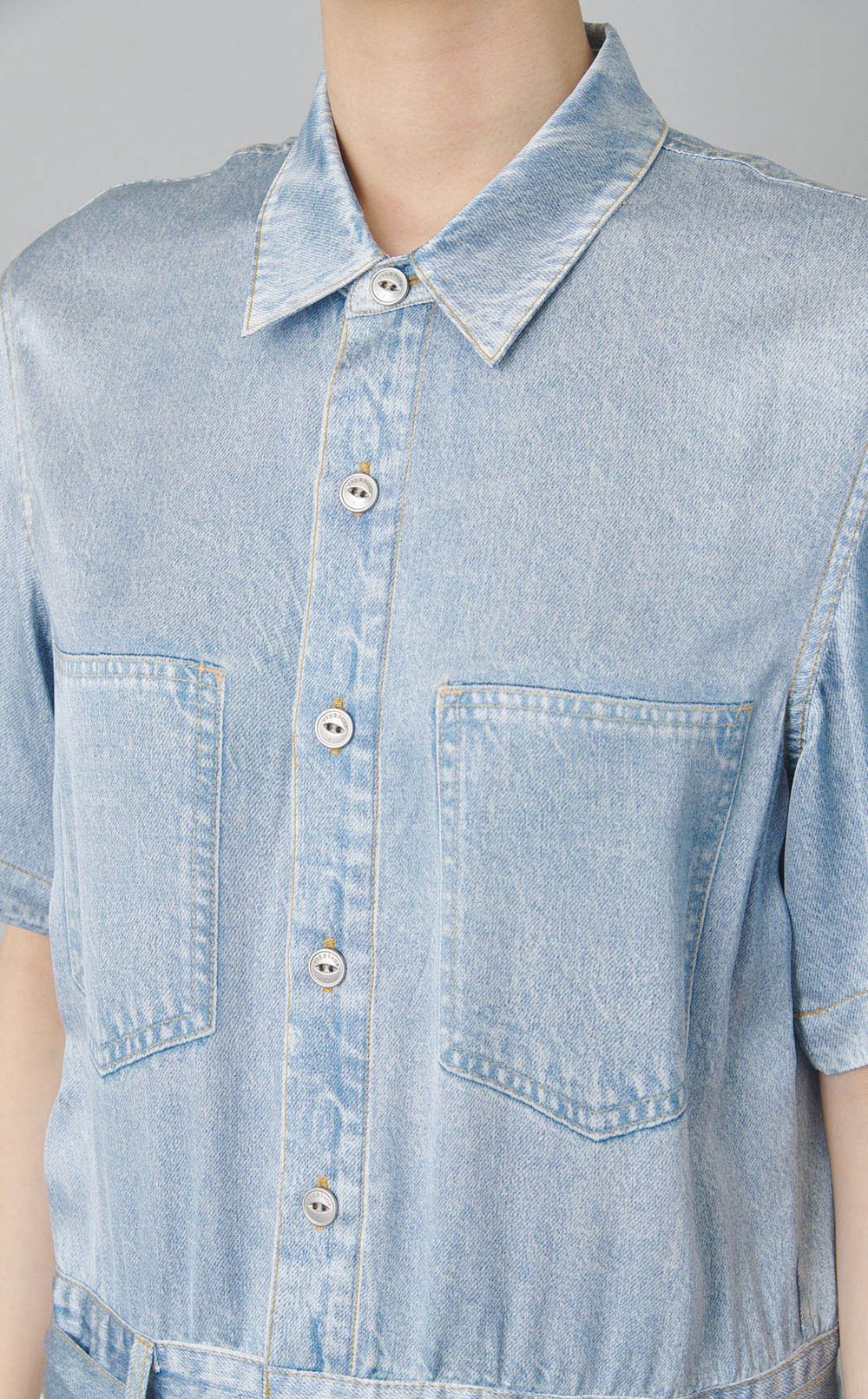 デニムプリン卜ベルテッドシャツワンピース