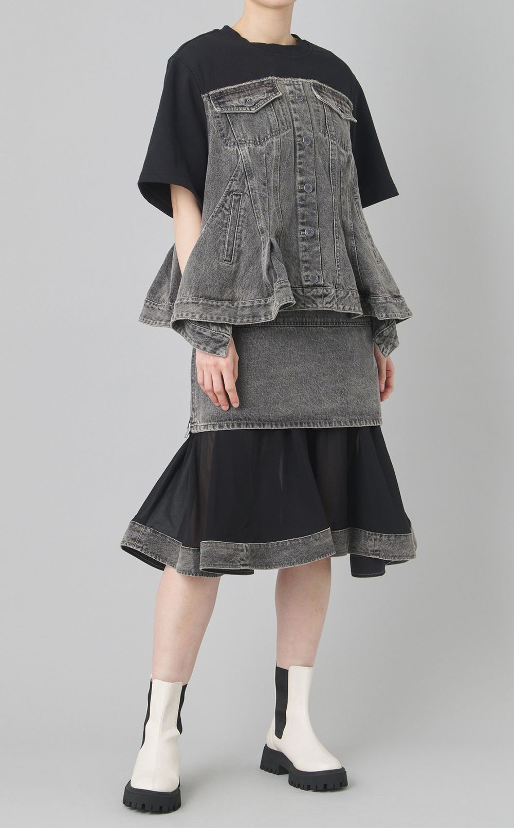 シフォンコンビデニムドレス