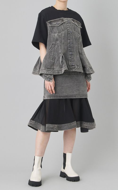 シフォンコンビデニムドレス