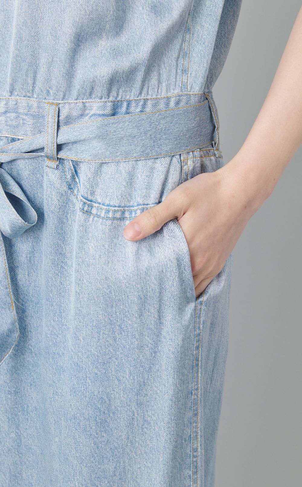 デニムプリン卜ベルテッドシャツワンピース