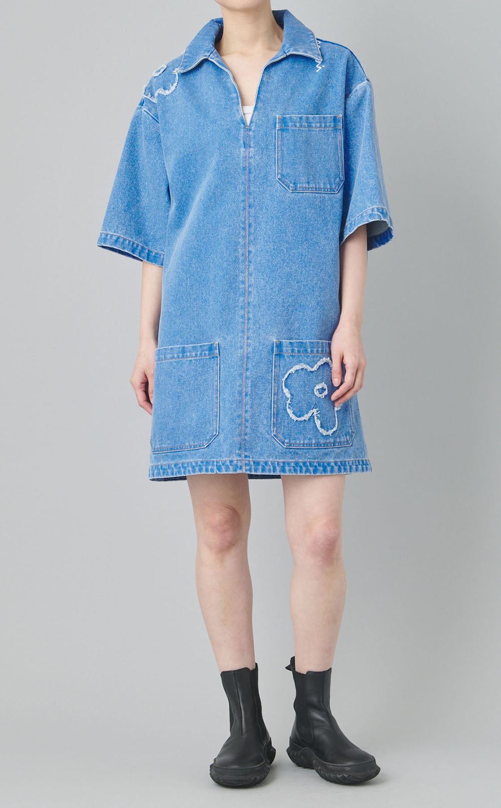 フラワーパッチデニムチュニックワンピース