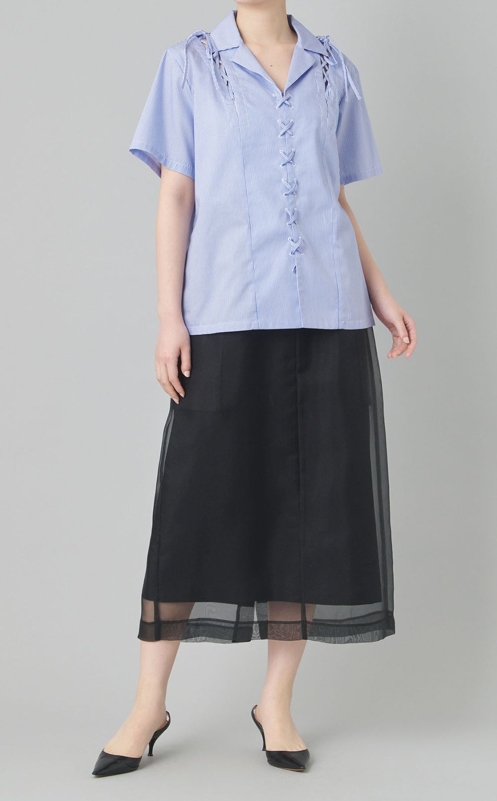 コットンレースアップストライプシャツ