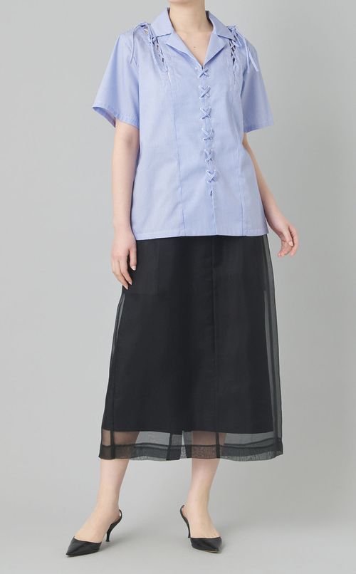 コットンレースアップストライプシャツ