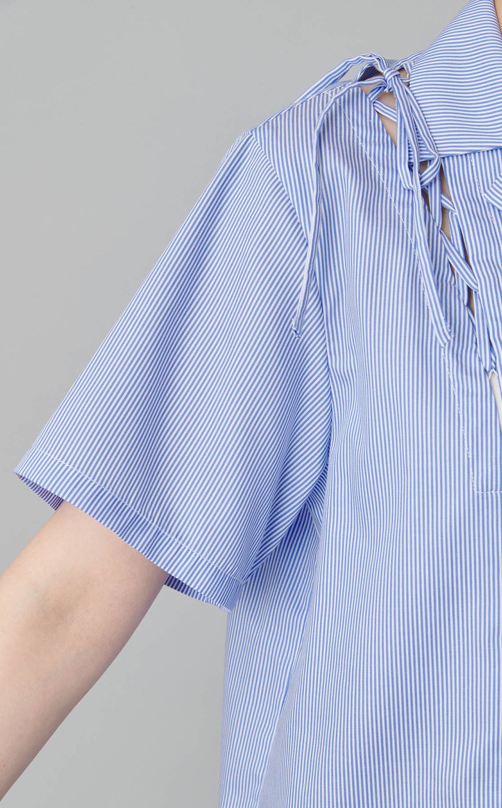 コットンレースアップストライプシャツ