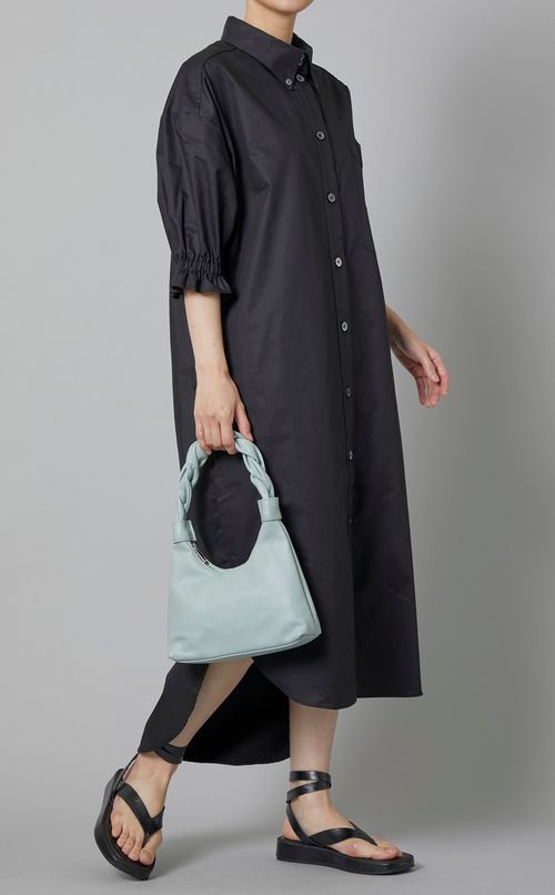 ラッフルスリーブミディ丈シャツワンピース