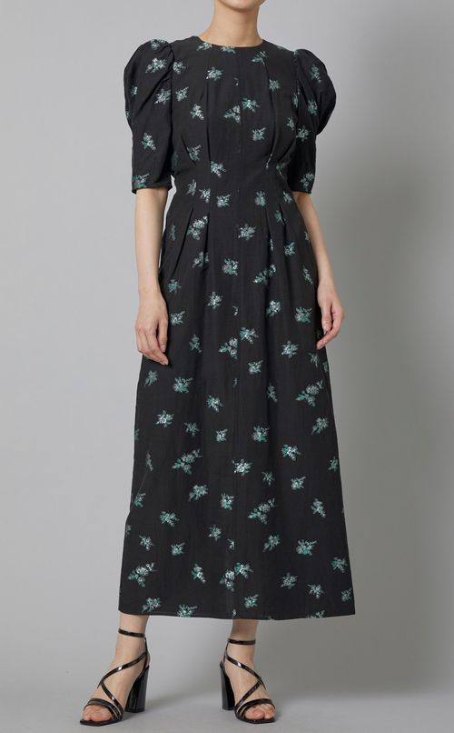 フラワージャガードパフスリーブドレス