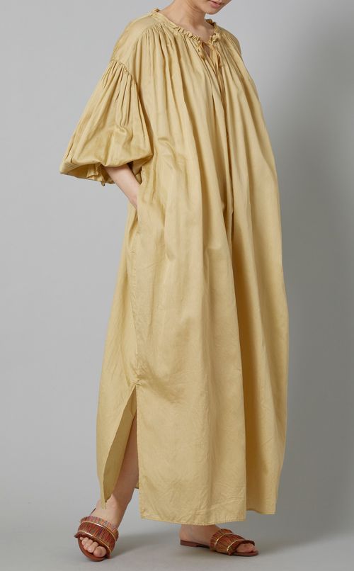 コットンサテンギャザーロングワンピース