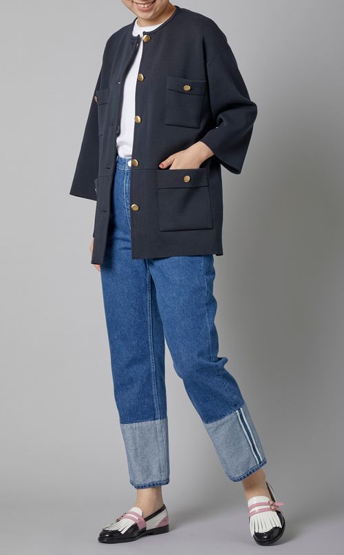 ノーカラーニットジャケットカーディガン