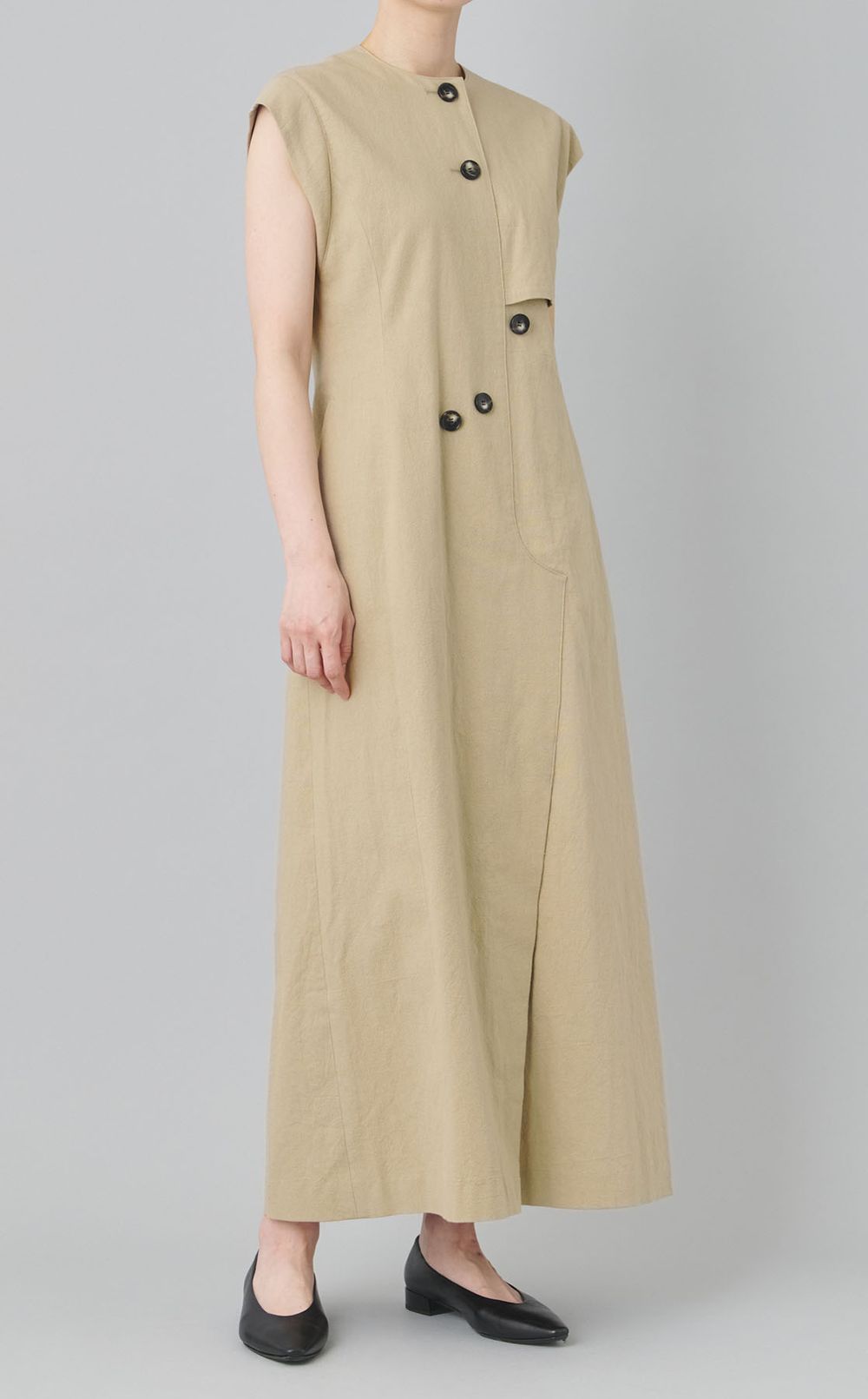 コットンリネンフロントボタンワンピース
