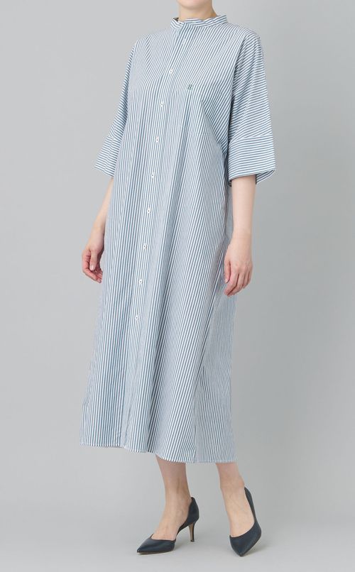 ノーカラーストライプシャツワンピース