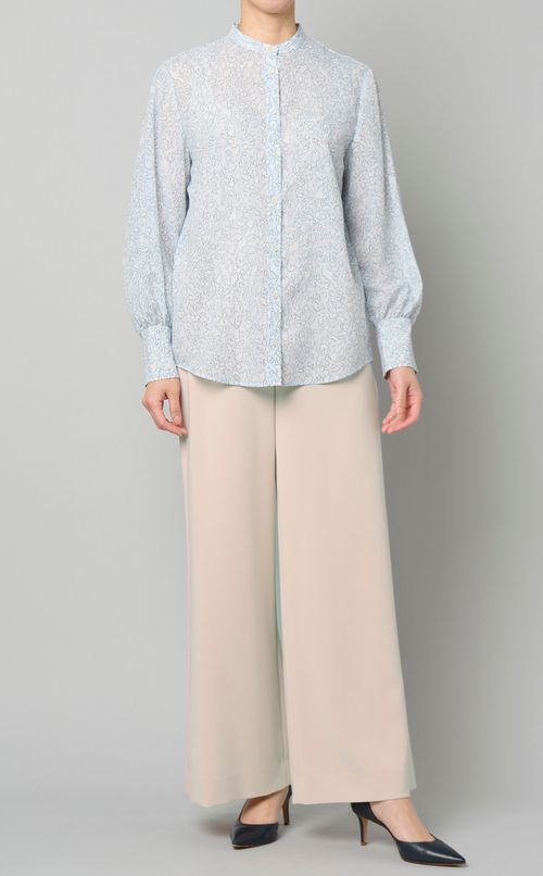 レースプリントバンドカラーブラウス