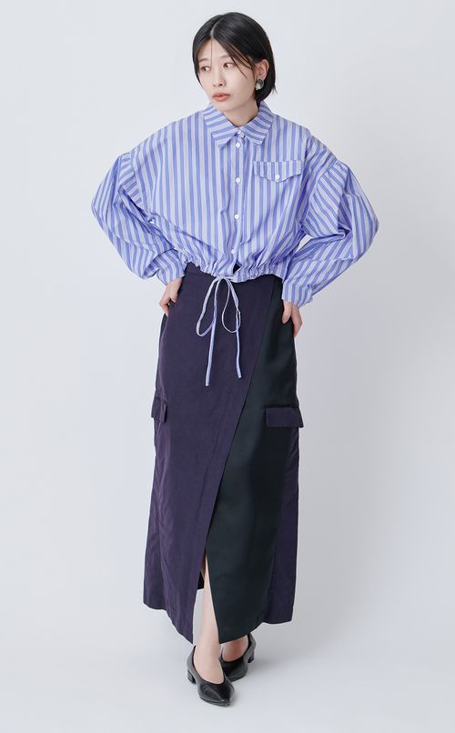 ストライプドローストリングコットンシャツ