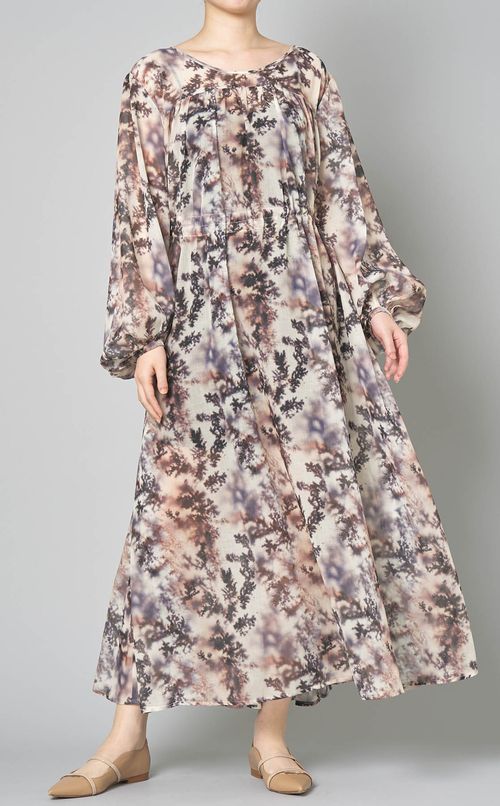 プリントギャザーフレアワンピース